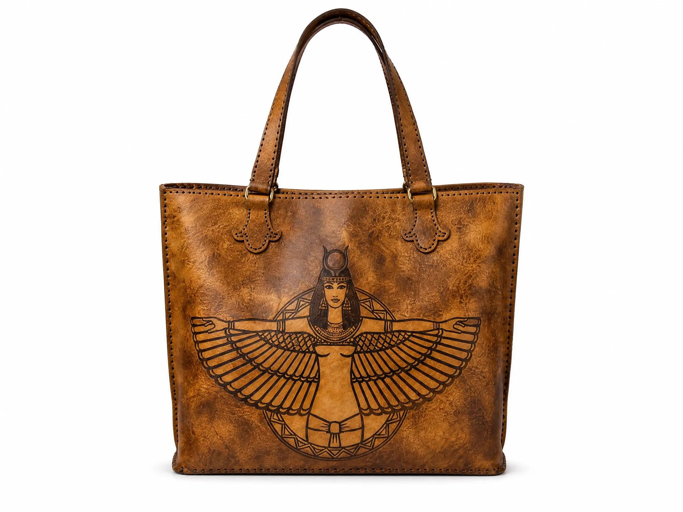 Handmade Leather Tote Bag — Winged Isis Pharaonic Motif | ASL Egypt Alternative