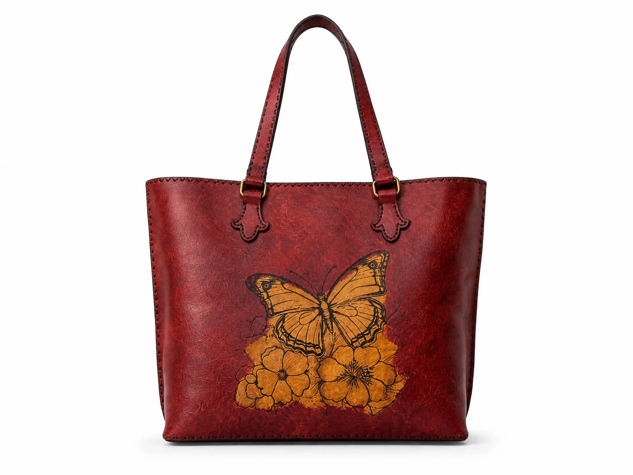 Handmade Leather Tote Bag — Butterfly & Blossom Scarlet Red | ASL Alternative