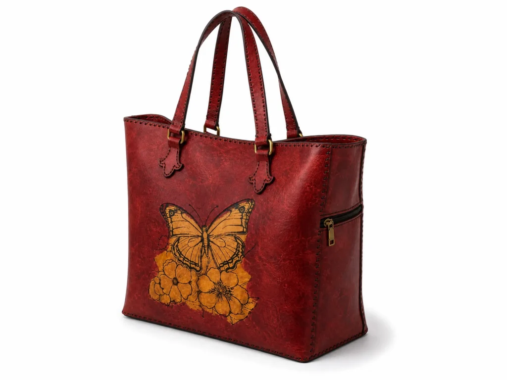 Detail view of Handmade Leather Butterfly Tote Bag - Scarlet Red - ASL Egypt