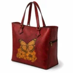 Detail view of Handmade Leather Butterfly Tote Bag - Scarlet Red - ASL Egypt