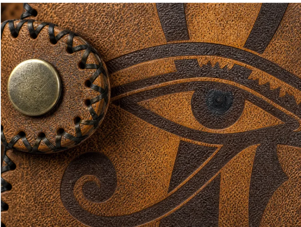 Detail view of Handmade Leather Ankh Eye of Horus Wallet - Distressed Tan - ASL Egypt
