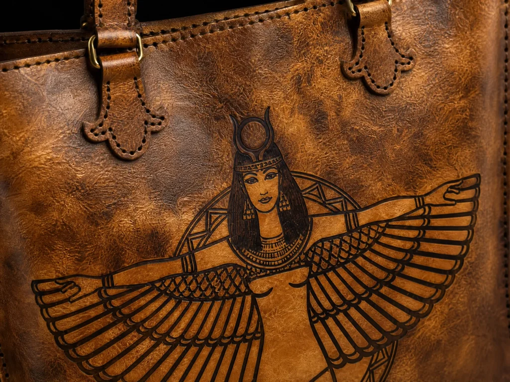 Detail view of Handmade Leather Winged Isis Tote Bag - Distressed Tan - ASL Egypt