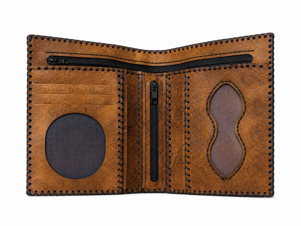 Side view of Handmade Leather Ankh Eye of Horus Wallet - Distressed Tan - ASL Egypt