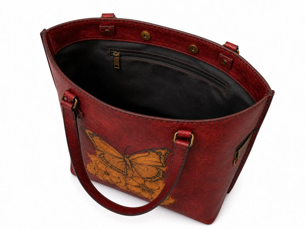 Side view of Handmade Leather Butterfly Tote Bag - Scarlet Red - ASL Egypt