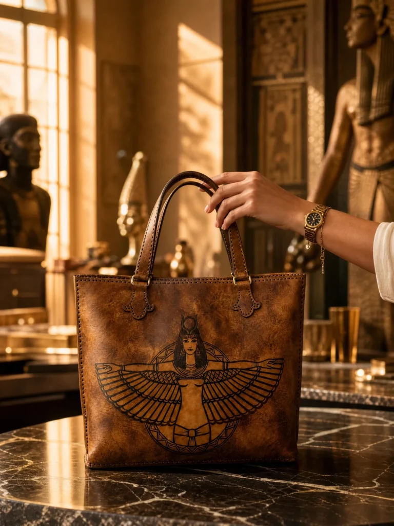 Interior of Handmade Leather Winged Isis Tote Bag - Distressed Tan - ASL Egypt