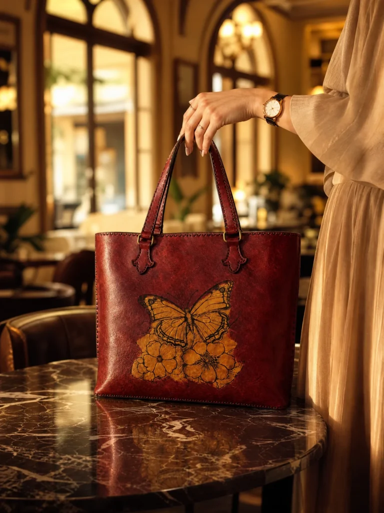 Interior of Handmade Leather Butterfly Tote Bag - Scarlet Red - ASL Egypt