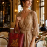 Model wearing Handmade Leather Butterfly Tote Bag - Scarlet Red - ASL Egypt