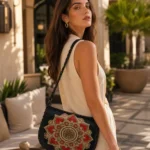 Model wearing Handmade Black Leather Mandala Crossbody Bag - Black - ASL Egypt