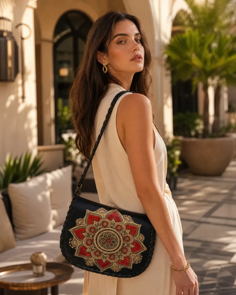 Model wearing Handmade Black Leather Mandala Crossbody Bag - Black - ASL Egypt