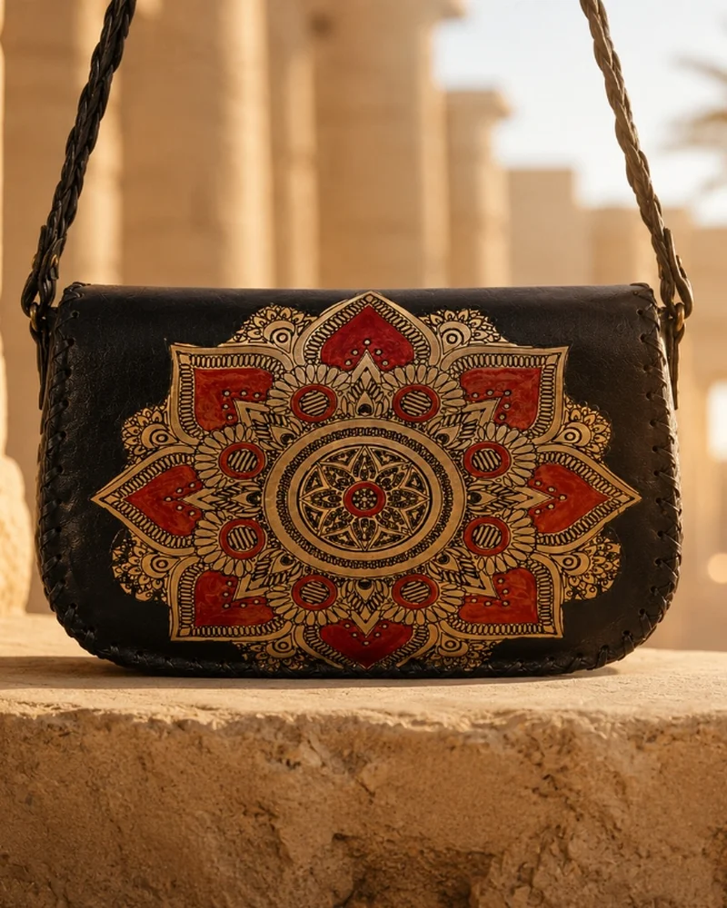 Handmade Black Leather Mandala Crossbody Bag | ASL Egypt