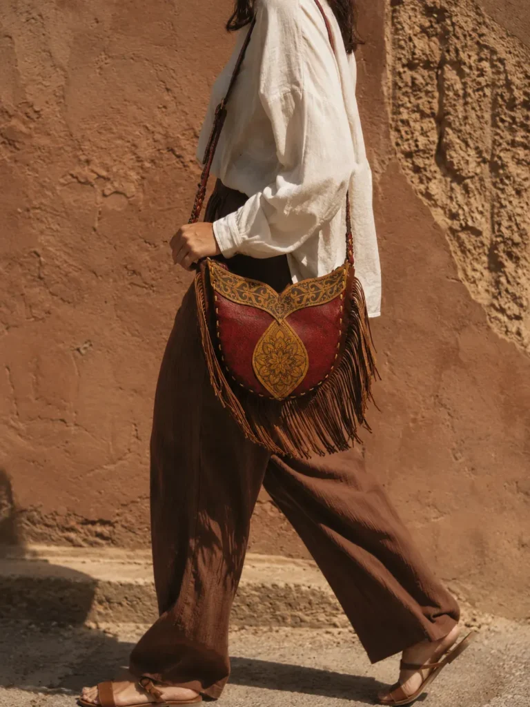 Handmade Leather Fringe Hobo Bag - Crimson and Ochre - Handmade Egyptian Leather - ASL