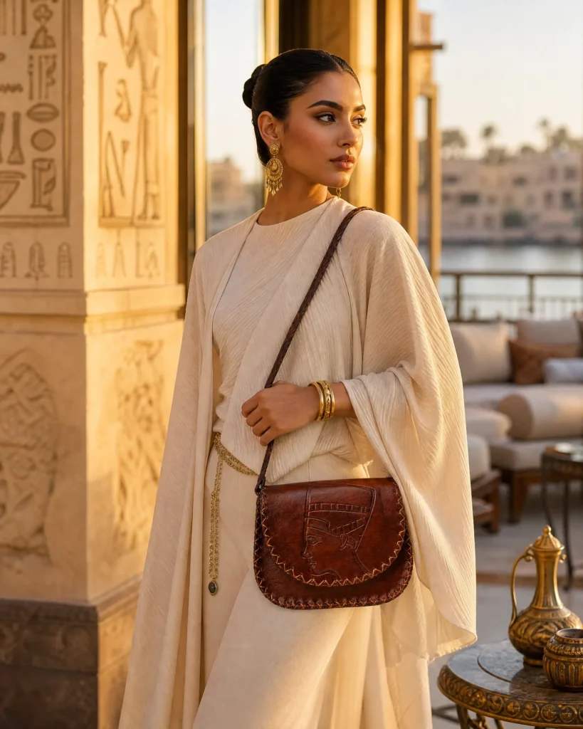 Handmade Nefertiti Leather Crossbody Bag - Brown - Handmade Egyptian Leather - ASL