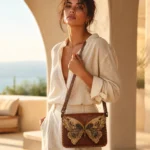 Model wearing Handmade Butterfly Leather Crossbody Bag - Brown - ASL Egypt
