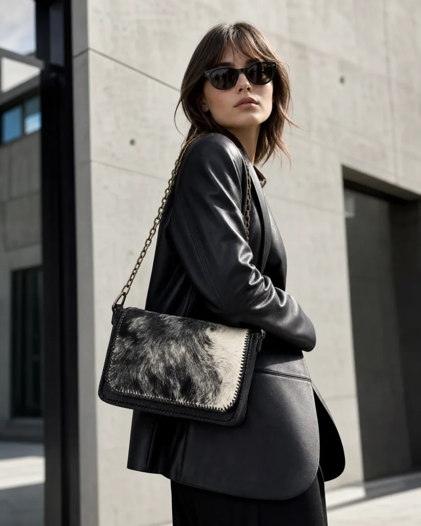 Model wearing Handmade Cowhide Leather Crossbody Bag - Black - ASL Egypt