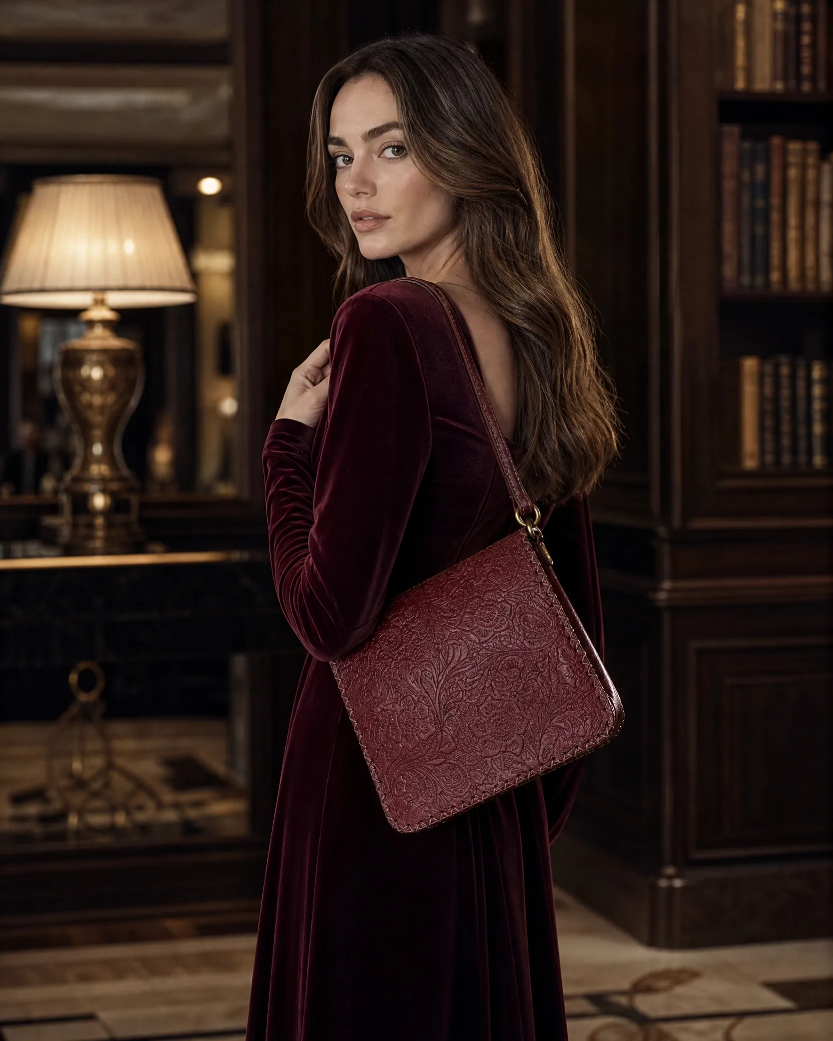 Handmade Floral Embossed Leather Crossbody Bag — Burgundy | ASL