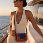 Handmade Leather Crossbody Bag - Navy and Orange Filigree - Handmade Egyptian Leather - ASL