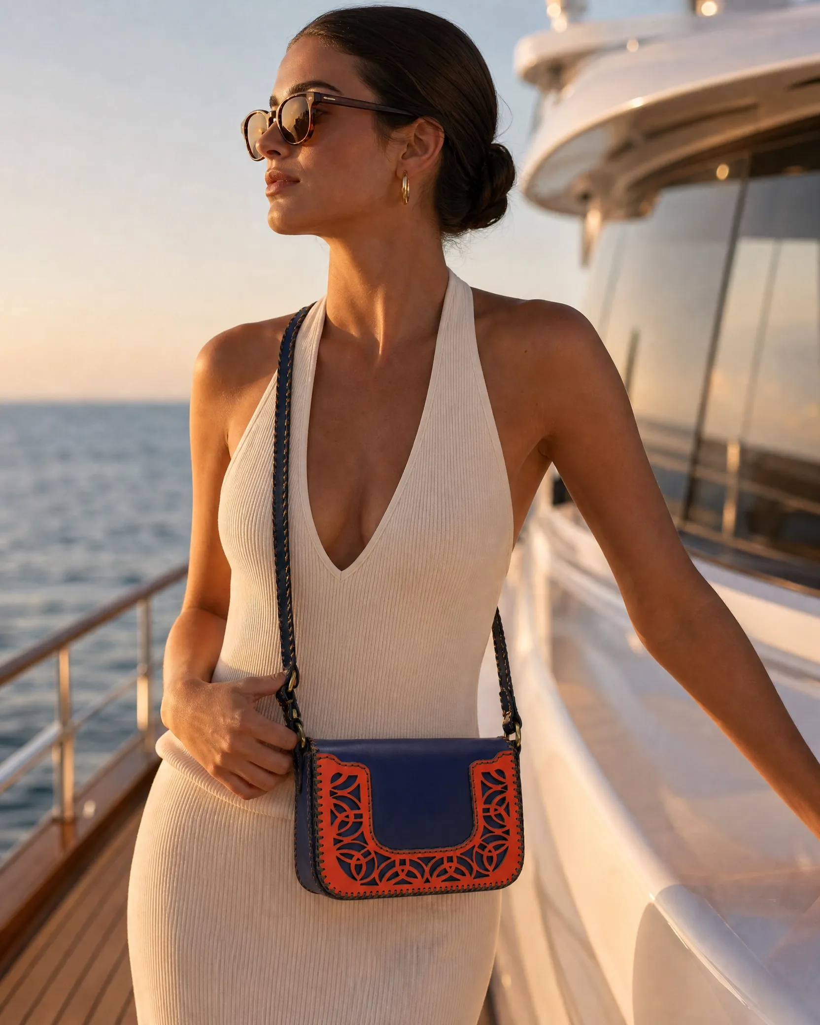 Handmade Leather Crossbody Bag — Navy & Orange Filigree | ASL