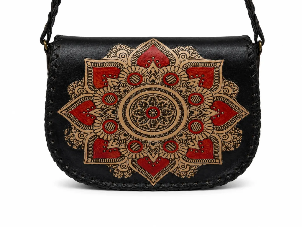 Handmade Black Leather Mandala Crossbody Bag