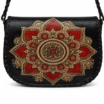 Handmade Black Leather Mandala Crossbody Bag