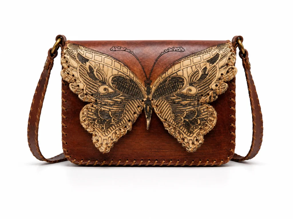Handmade Butterfly Leather Crossbody Bag - Brown - Handmade Egyptian Leather - ASL