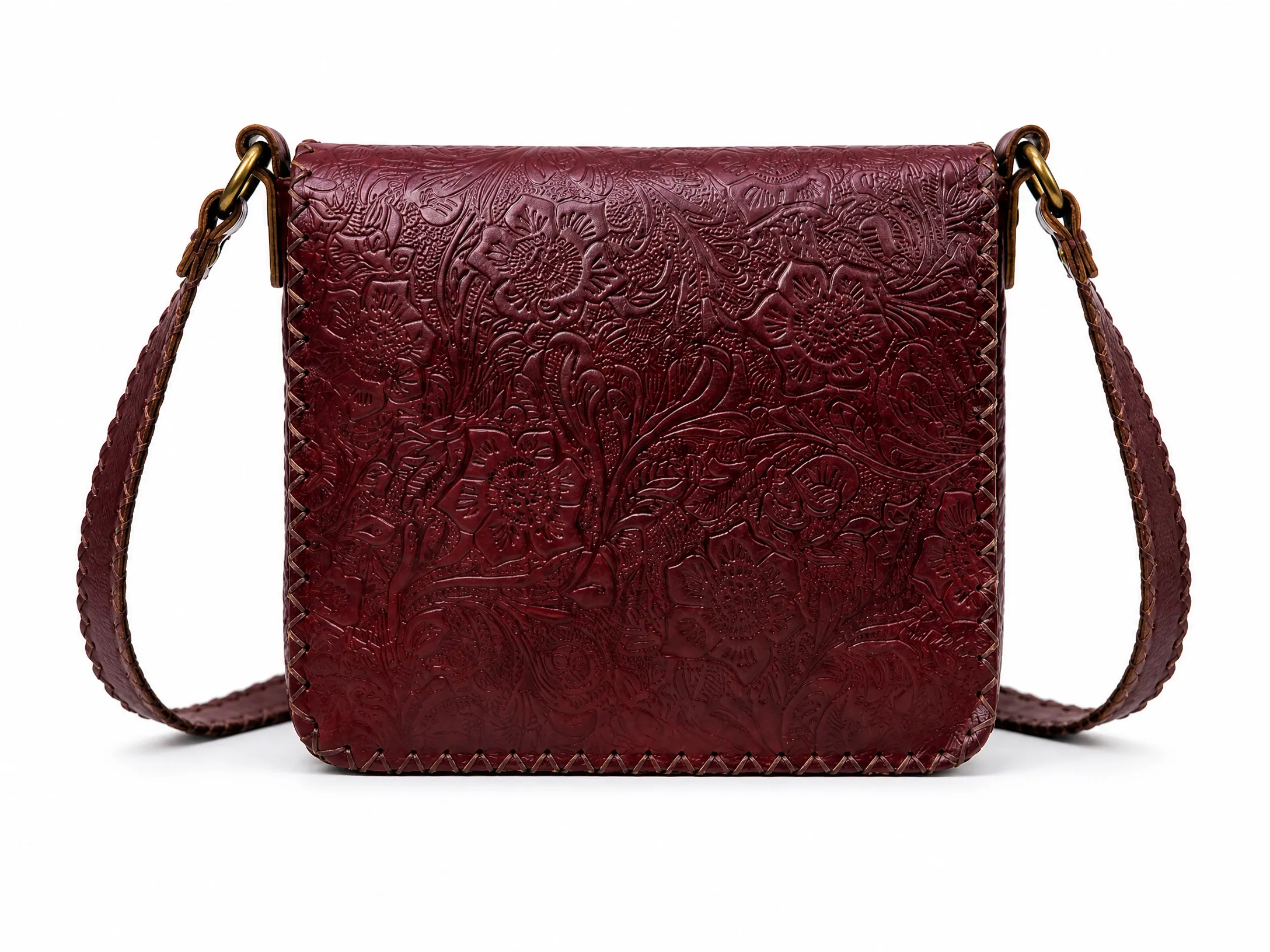 Handmade Floral Embossed Leather Crossbody Bag — Burgundy | ASL Alternative
