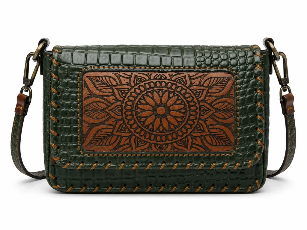 Model wearing Handmade Green Croc Leather Mandala Crossbody Bag - Green - ASL Egypt
