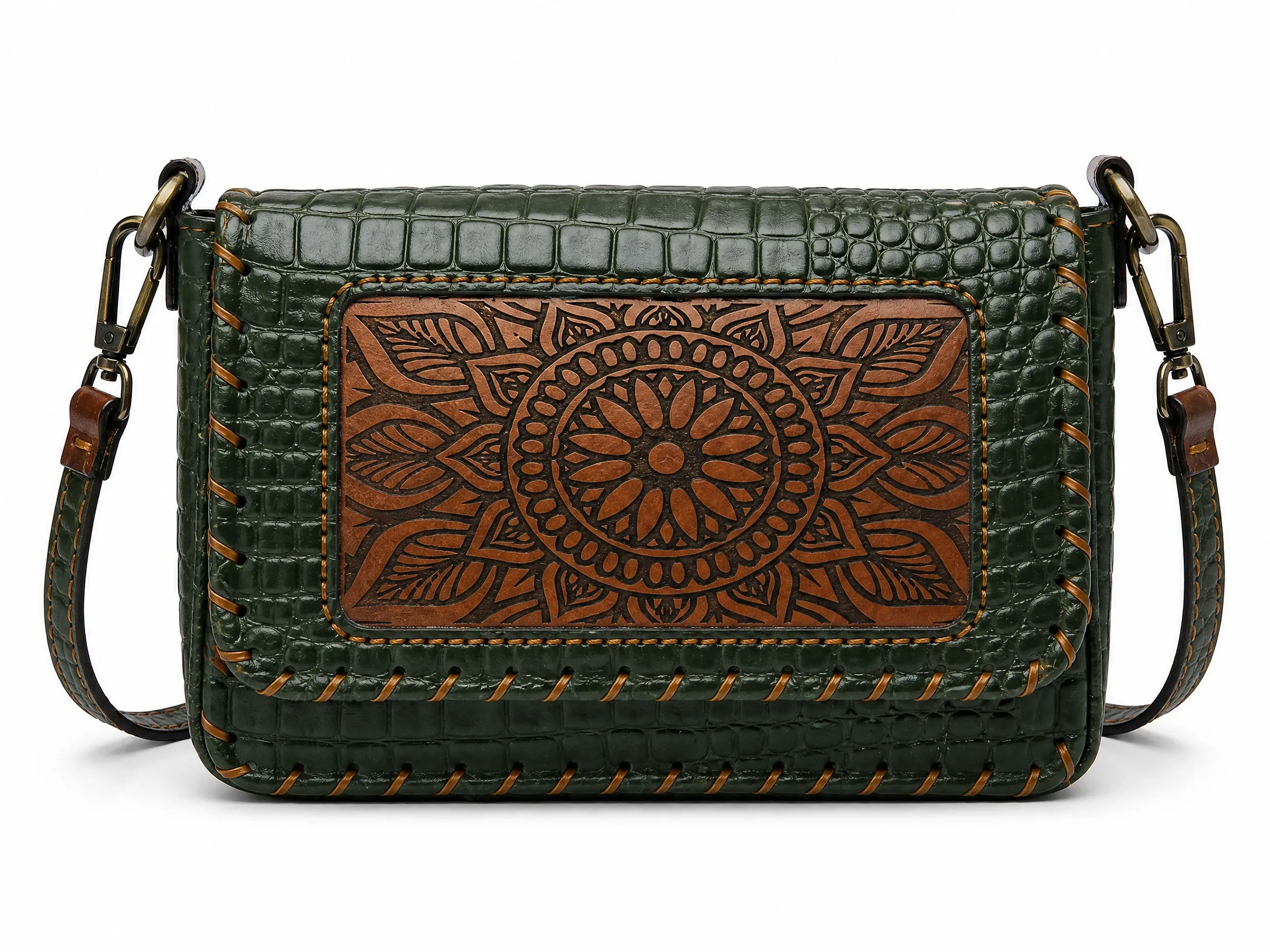 Handmade Green Croc Leather Mandala Crossbody Bag | ASL Egypt Alternative