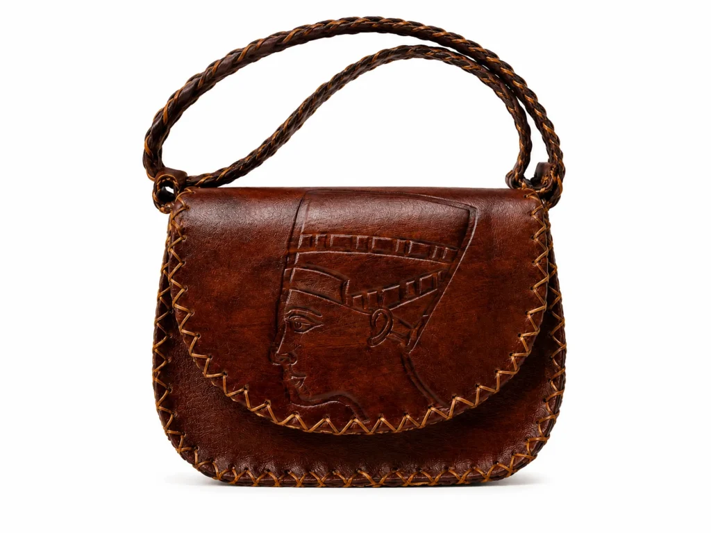 Model wearing Handmade Nefertiti Leather Crossbody Bag - Brown - ASL Egypt