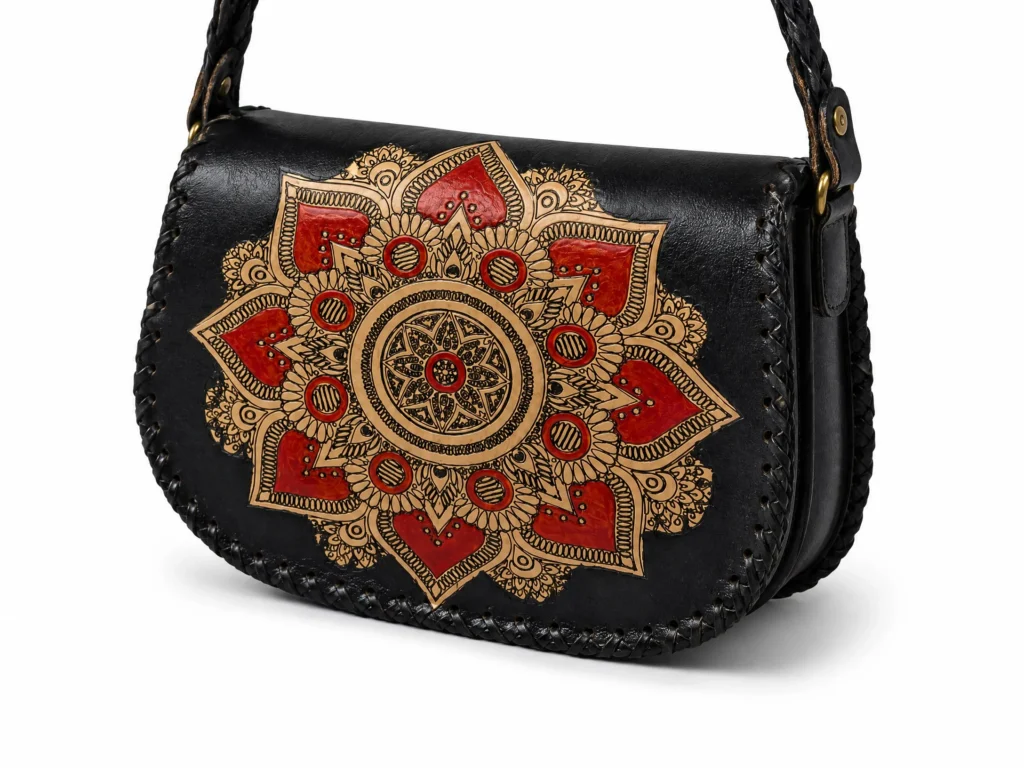 Detail view of Handmade Black Leather Mandala Crossbody Bag - Black - ASL Egypt