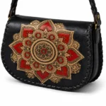 Detail view of Handmade Black Leather Mandala Crossbody Bag - Black - ASL Egypt