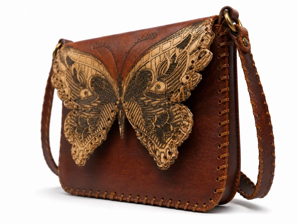 Detail view of Handmade Butterfly Leather Crossbody Bag - Brown - ASL Egypt