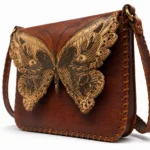 Detail view of Handmade Butterfly Leather Crossbody Bag - Brown - ASL Egypt