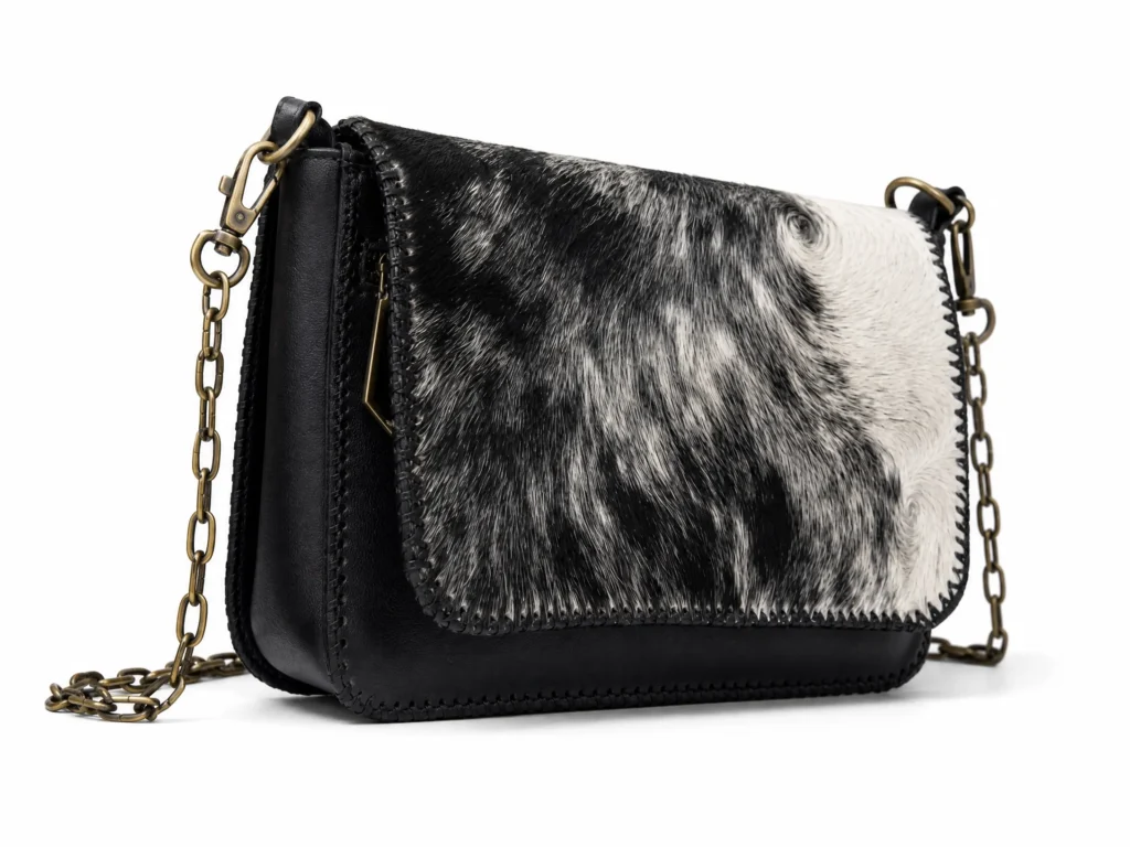 Detail view of Handmade Cowhide Leather Crossbody Bag - Black - ASL Egypt