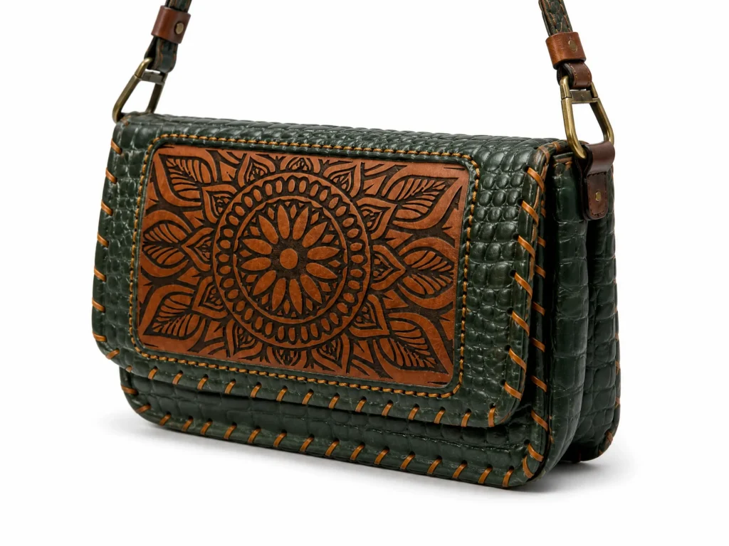 Detail view of Handmade Green Croc Leather Mandala Crossbody Bag - Green - ASL Egypt