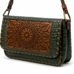 Detail view of Handmade Green Croc Leather Mandala Crossbody Bag - Green - ASL Egypt