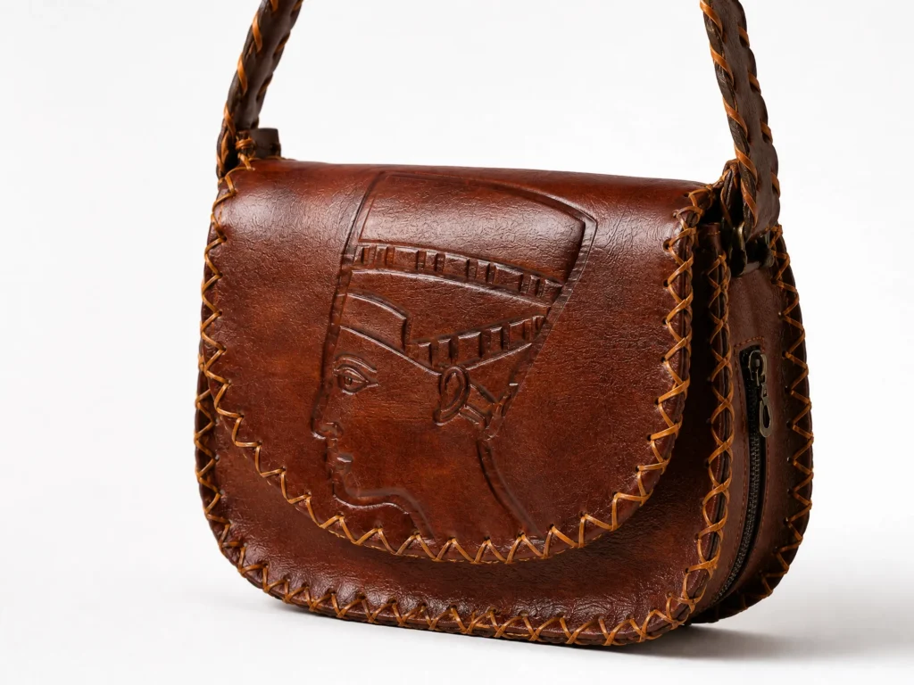 Detail view of Handmade Nefertiti Leather Crossbody Bag - Brown - ASL Egypt