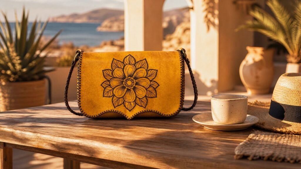 Model wearing Handmade Leather Crossbody Wallet Bag - Saffron Yellow - ASL Egypt