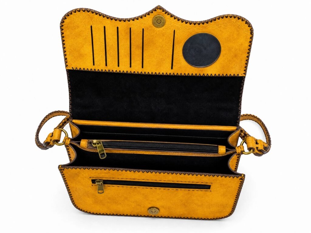 Detail view of Handmade Leather Crossbody Wallet Bag - Saffron Yellow - ASL Egypt