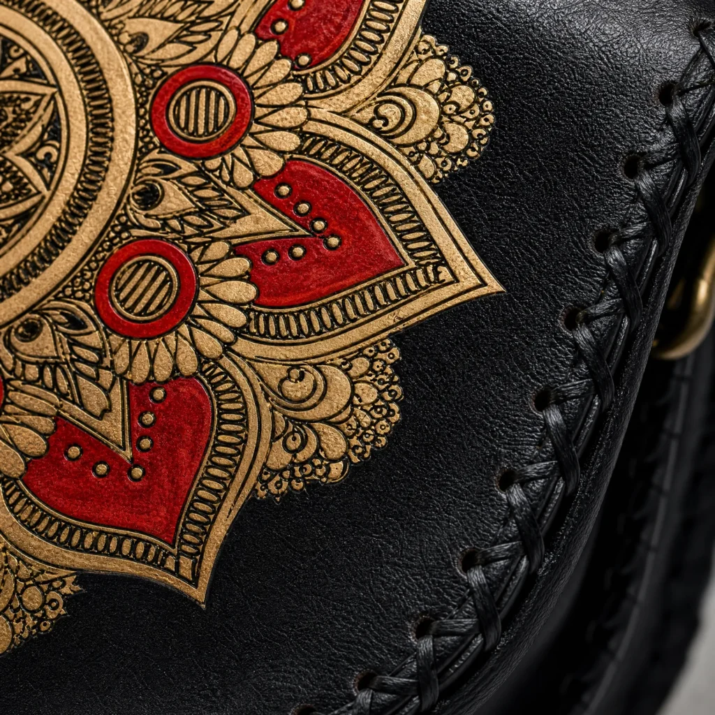 Side view of Handmade Black Leather Mandala Crossbody Bag - Black - ASL Egypt