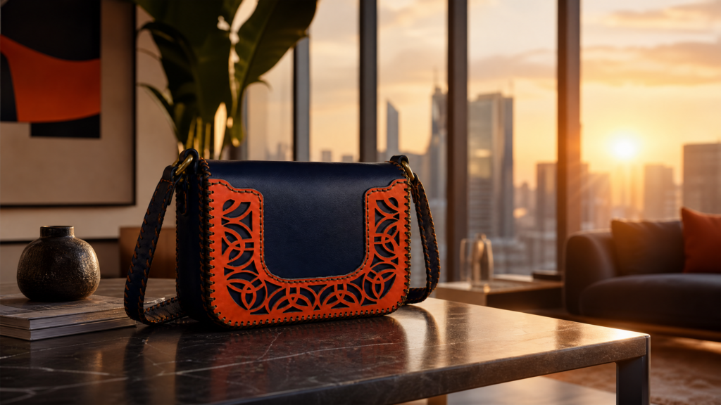 Model wearing Handmade Leather Crossbody Bag - Navy and Orange Filigree - ASL Egypt
