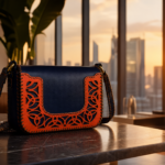 Model wearing Handmade Leather Crossbody Bag - Navy and Orange Filigree - ASL Egypt