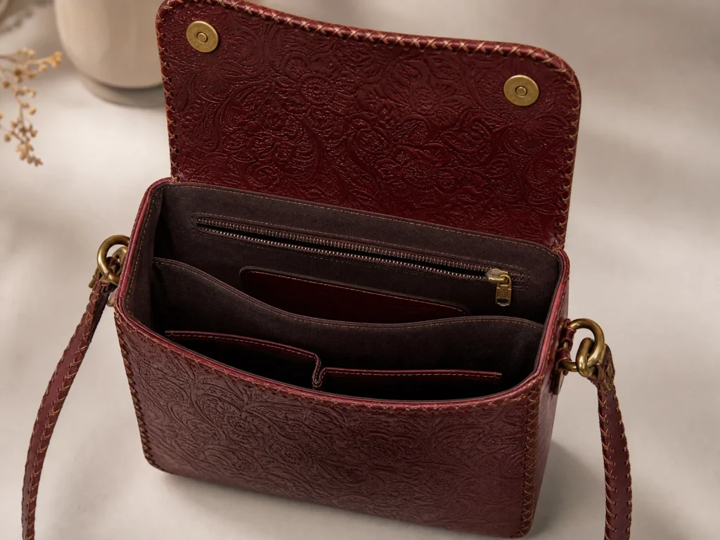 Interior of Handmade Floral Embossed Leather Crossbody Bag - Burgundy - ASL Egypt