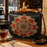 Back view of Handmade Black Leather Mandala Crossbody Bag - Black - ASL Egypt