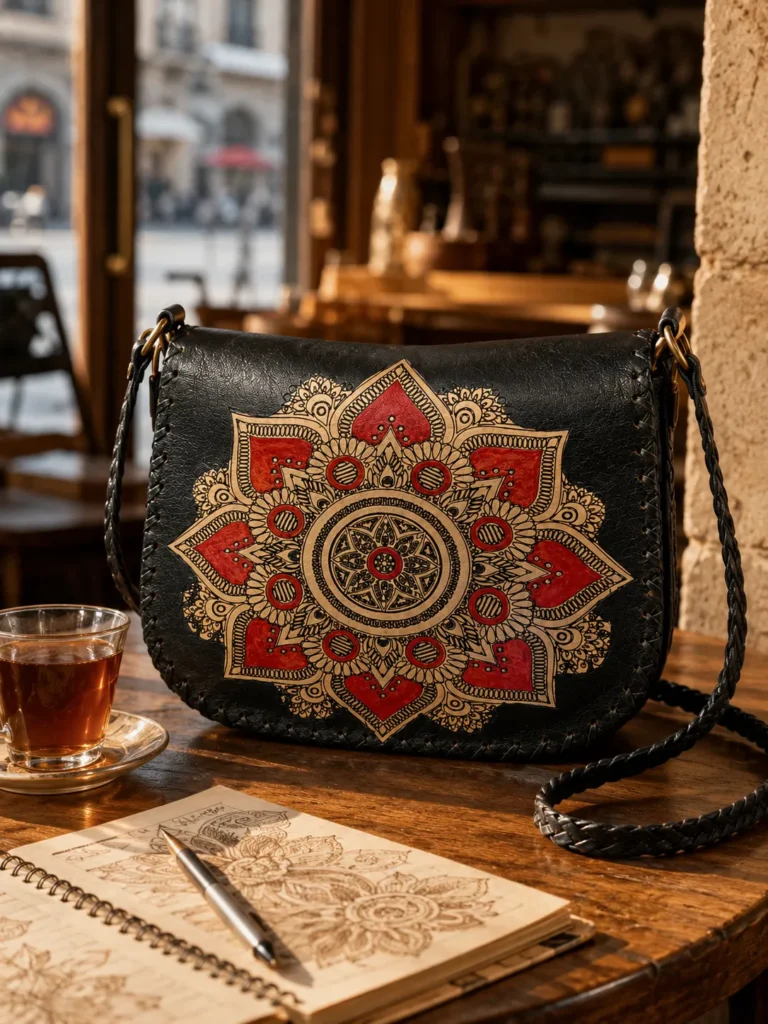 Back view of Handmade Black Leather Mandala Crossbody Bag - Black - ASL Egypt
