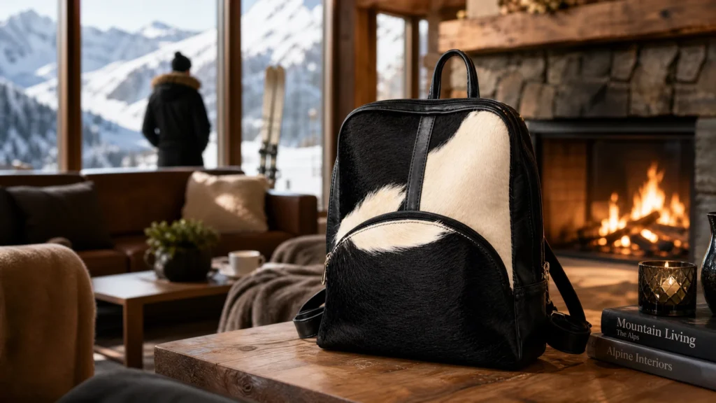 Model wearing Handmade Leather Cowhide Backpack - Black and White - ASL Egypt