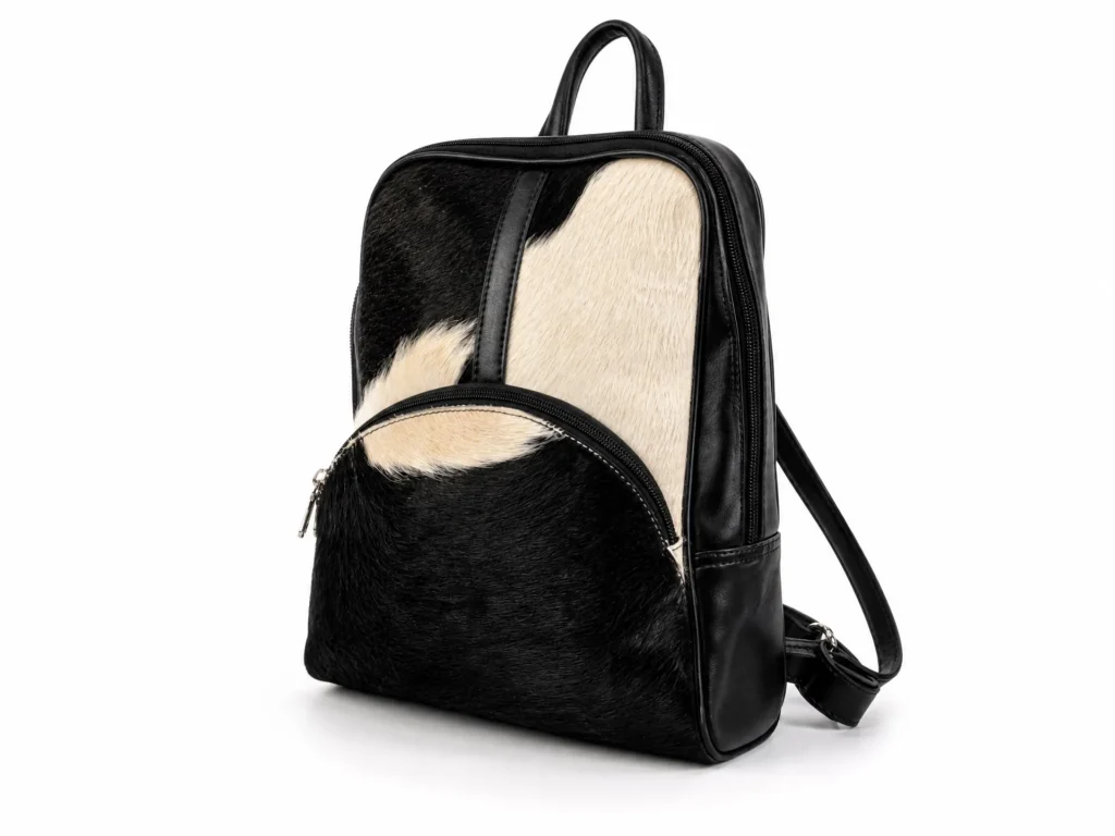 Detail view of Handmade Leather Cowhide Backpack - Black and White - ASL Egypt