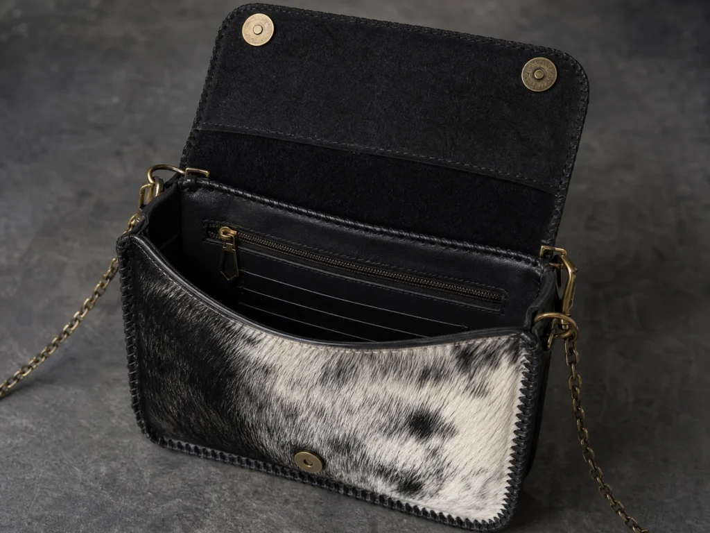 Interior of Handmade Cowhide Leather Crossbody Bag - Black - ASL Egypt