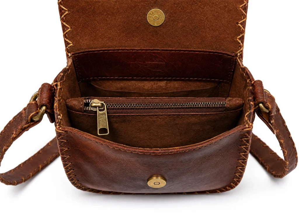 Model wearing Handmade Egyptian Leather Saddle Bag - Tan Brown - ASL Egypt
