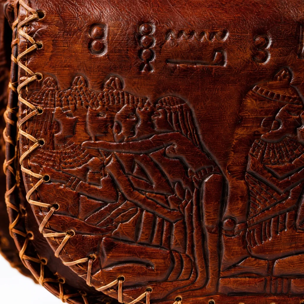 Detail view of Handmade Egyptian Leather Saddle Bag - Tan Brown - ASL Egypt