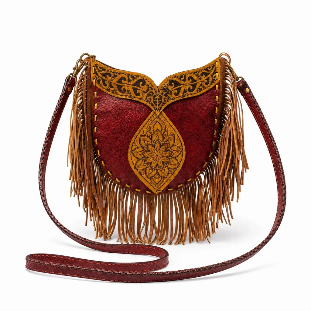 Model wearing Handmade Leather Fringe Hobo Bag - Crimson and Ochre - ASL Egypt